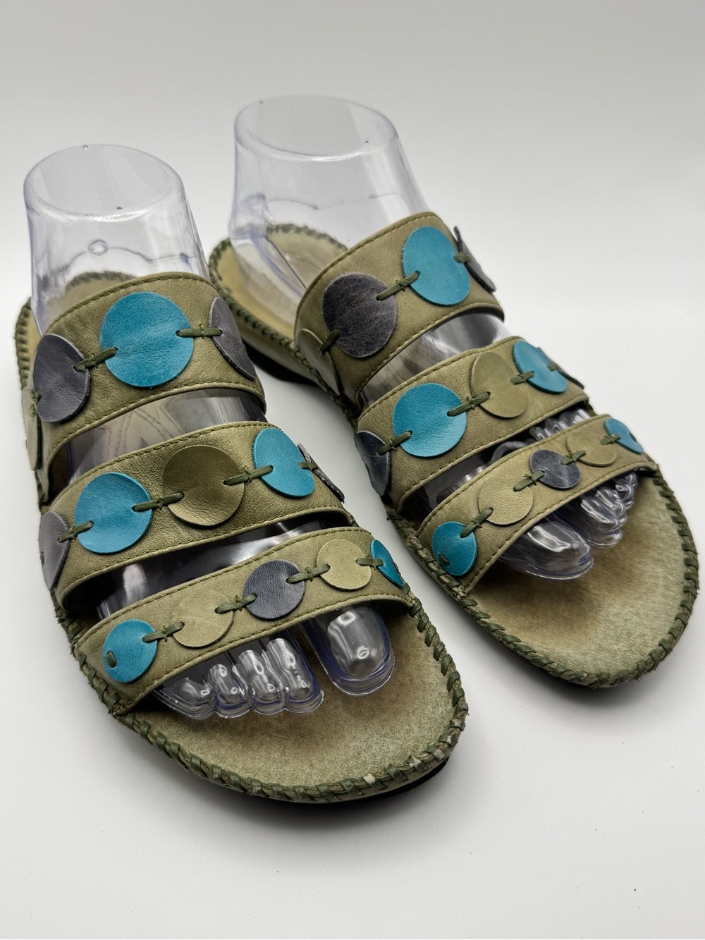 Clark’s Olive Leather Slide Sandals with Turquoise & Navy Accents